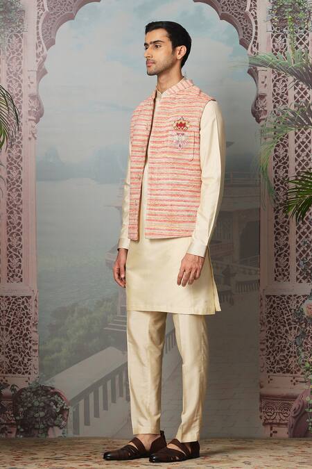 Buy_Asuka_Pink Linen Embroidery Resham Bundi Kurta Set _Online_at_Aza_Fashions