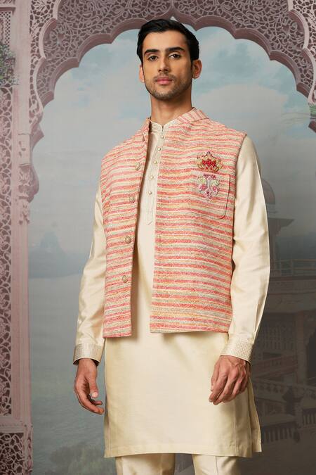 Shop_Asuka_Pink Linen Embroidery Resham Bundi Kurta Set _Online_at_Aza_Fashions