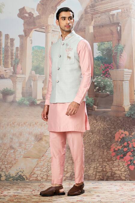 Buy_Asuka_Green Linen, Cotton, Silk Zari Zardozi Embroidered Bundi Kurta Set _Online_at_Aza_Fashions