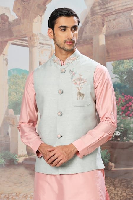 Shop_Asuka_Green Linen, Cotton, Silk Zari Zardozi Embroidered Bundi Kurta Set _Online_at_Aza_Fashions