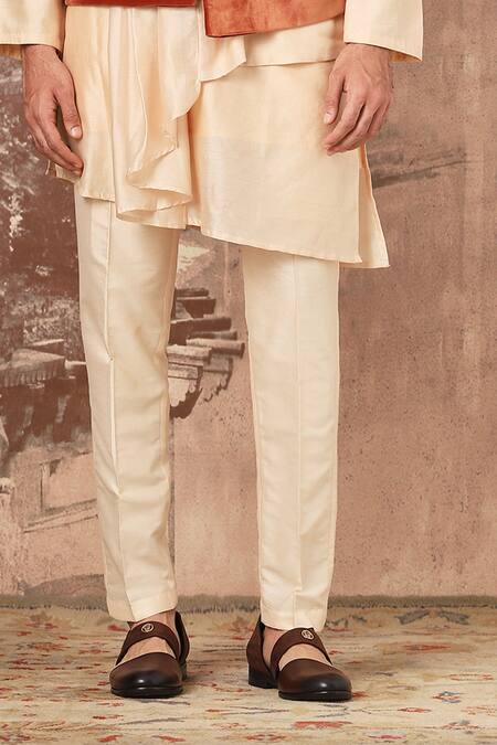 Asuka_Orange Velvet, Silk Cut Work, Embroidery Asymmetric Bundi Kurta Set _Online_at_Aza_Fashions