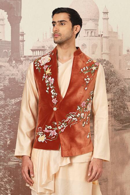 Shop_Asuka_Orange Velvet, Silk Cut Work, Embroidery Asymmetric Bundi Kurta Set _Online_at_Aza_Fashions
