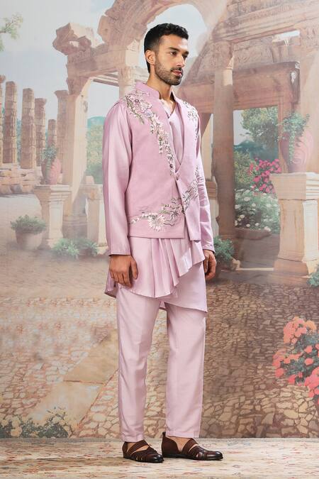 Asuka_Purple Velvet, Silk Cut Work, Embroidery Lilac Bundi Kurta Set _Online_at_Aza_Fashions