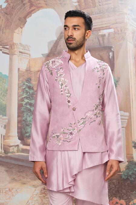 Shop_Asuka_Purple Velvet, Silk Cut Work, Embroidery Lilac Bundi Kurta Set _Online_at_Aza_Fashions