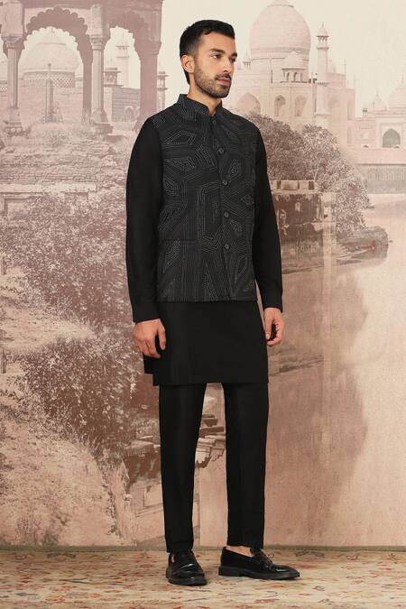 Asuka_Black Linen Embroidery Kantha Bundi Kurta Set _Online_at_Aza_Fashions