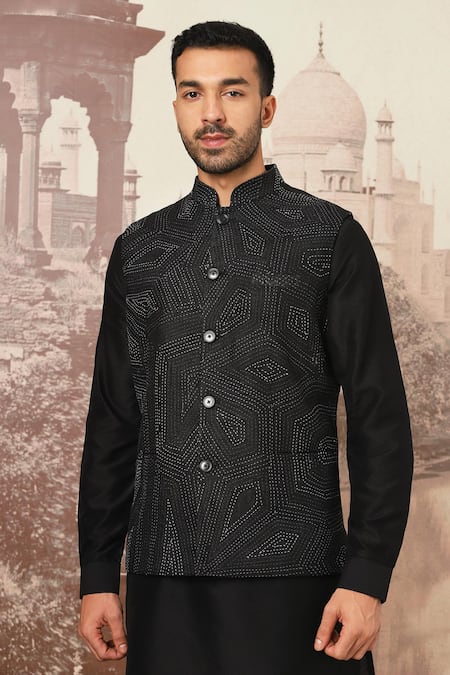 Shop_Asuka_Black Linen Embroidery Kantha Bundi Kurta Set _Online_at_Aza_Fashions