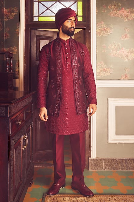 Asuka Red Embroidered Bundi Kurta Set 