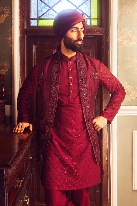 Asuka Red Chanderi Silk Embroidery Bundi Kurta Set Online at Aza Fashions Asuka_Red Chanderi Silk Embroidery Bundi Kurta Set _Online_at_Aza_Fashions