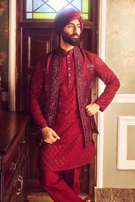 Buy Asuka Red Chanderi Silk Embroidery Bundi Kurta Set Online at Aza Fashions Buy_Asuka_Red Chanderi Silk Embroidery Bundi Kurta Set _Online_at_Aza_Fashions