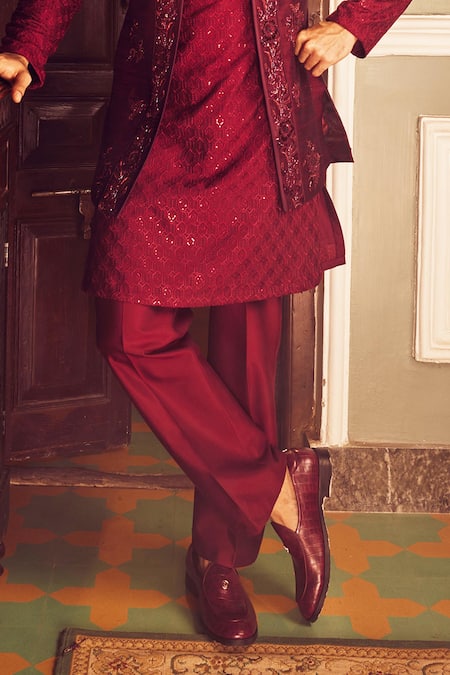 Shop Asuka Red Chanderi Silk Embroidery Bundi Kurta Set Online at Aza Fashions Shop_Asuka_Red Chanderi Silk Embroidery Bundi Kurta Set _Online_at_Aza_Fashions