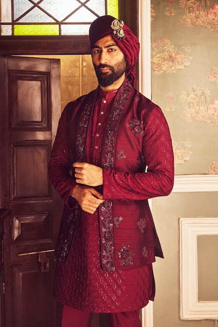 Asuka Red Chanderi Silk Embroidery Bundi Kurta Set at Aza Fashions Asuka_Red Chanderi Silk Embroidery Bundi Kurta Set _at_Aza_Fashions
