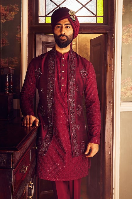 Buy Asuka Red Chanderi Silk Embroidery Bundi Kurta Set Buy_Asuka_Red Chanderi Silk Embroidery Bundi Kurta Set