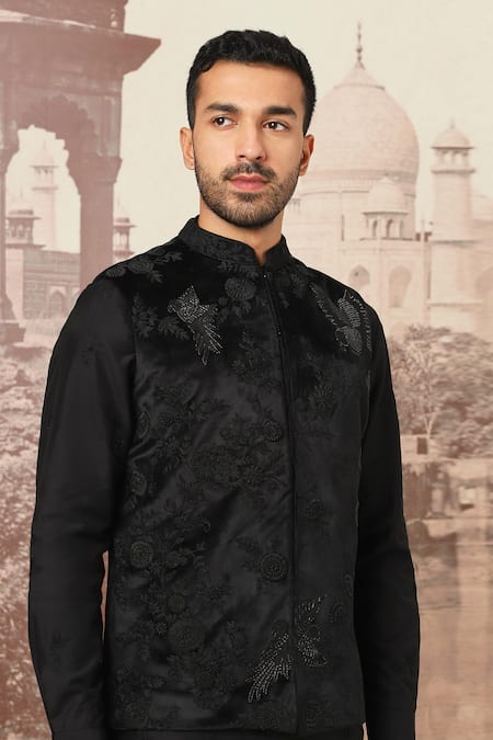 Shop_Asuka_Black Velvet Metallic Thread Kiran Dori Embroidered Bundi Kurta Set _Online_at_Aza_Fashions
