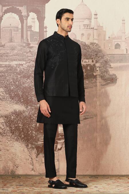 Asuka_Black Silk Cut Work Cutdana Embroidered Bundi Kurta Set _Online_at_Aza_Fashions