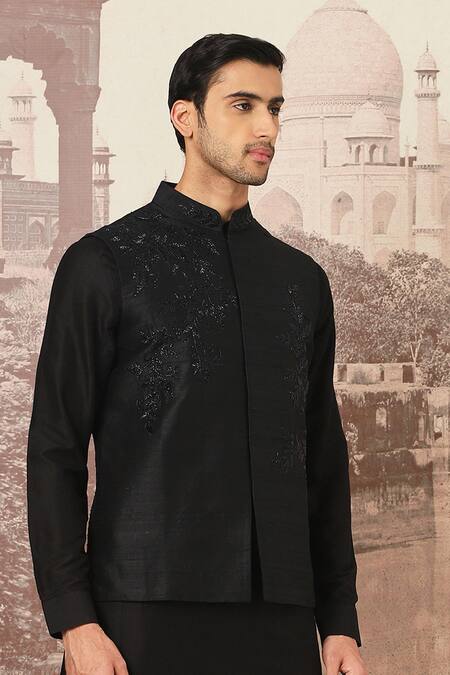 Buy_Asuka_Black Silk Cut Work Cutdana Embroidered Bundi Kurta Set _Online_at_Aza_Fashions
