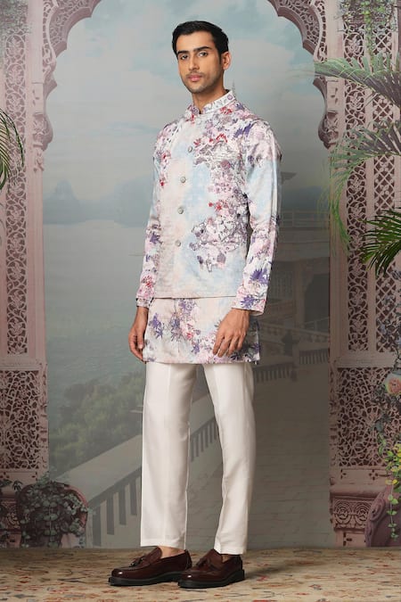 Buy_Asuka_Blue Silk Sequins, Embroidery Bundi Kurta Set _Online_at_Aza_Fashions