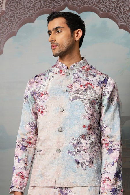 Shop_Asuka_Blue Silk Sequins, Embroidery Bundi Kurta Set _Online_at_Aza_Fashions