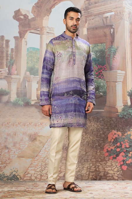 Buy_Asuka_Purple Tussar, Cotton Embroidery Ombre Kurta Set _Online_at_Aza_Fashions