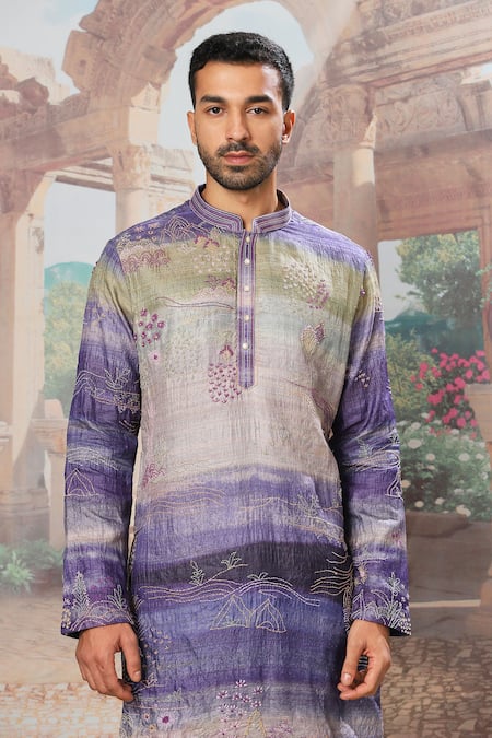 Shop_Asuka_Purple Tussar, Cotton Embroidery Ombre Kurta Set _Online_at_Aza_Fashions