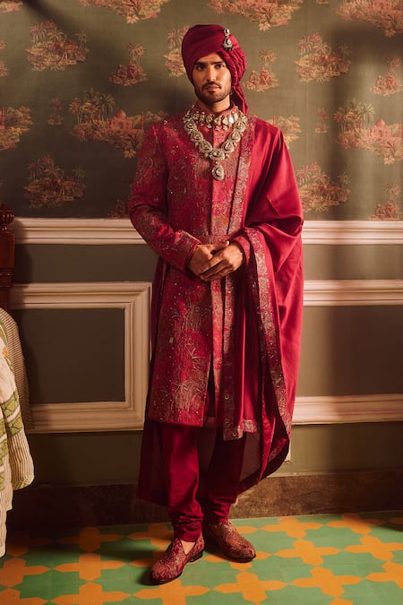 Asuka Floral Embroidered Wine Sherwani Set 