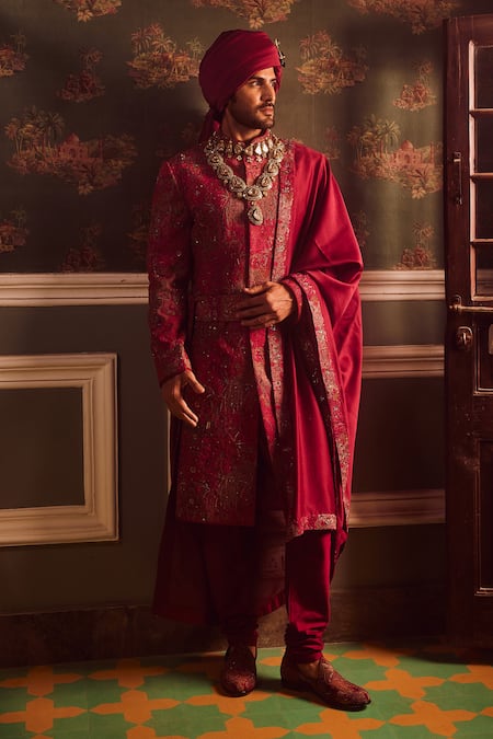 Asuka Floral Embroidered Wine Sherwani Set 