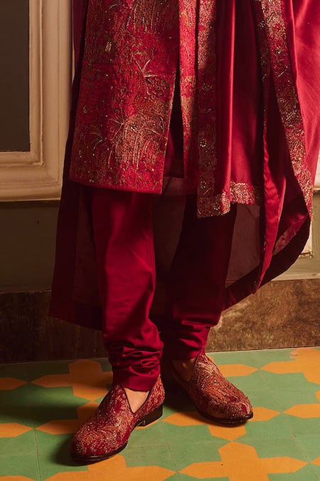 Asuka_Wine Cotton, Silk Metallic Thread, Cut Work, Embroidery Floral Sherwani Set _Online_at_Aza_Fashions