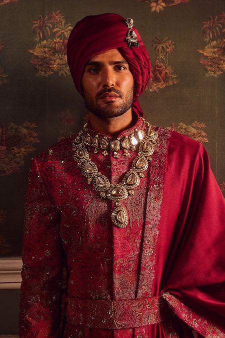 Buy_Asuka_Wine Cotton, Silk Metallic Thread, Cut Work, Embroidery Floral Sherwani Set _Online_at_Aza_Fashions