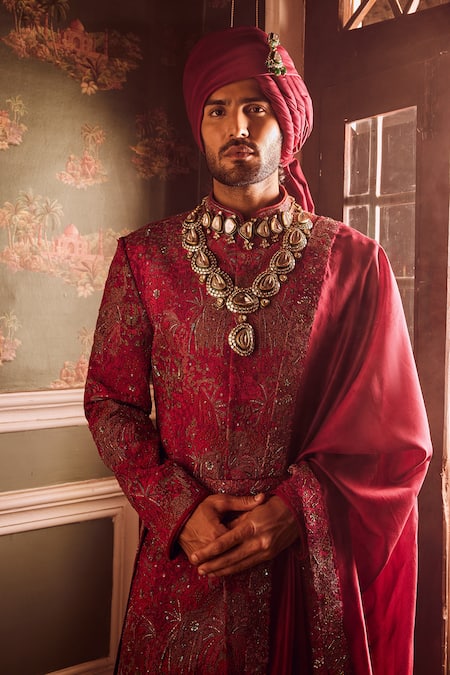 Shop_Asuka_Wine Cotton, Silk Metallic Thread, Cut Work, Embroidery Floral Sherwani Set _Online_at_Aza_Fashions