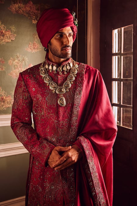 Asuka_Wine Cotton, Silk Metallic Thread, Cut Work, Embroidery Floral Sherwani Set _at_Aza_Fashions