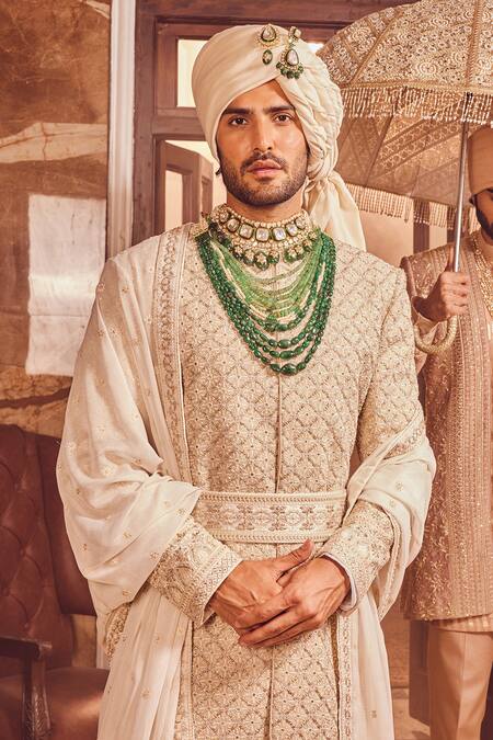 Asuka_Ivory Silk Cut Work, Diamonds, Sequins, Zari Zardozi Embroidered Sherwani Set _Online_at_Aza_Fashions