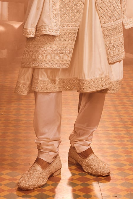 Buy_Asuka_Ivory Silk Cut Work, Diamonds, Sequins, Zari Zardozi Embroidered Sherwani Set _Online_at_Aza_Fashions
