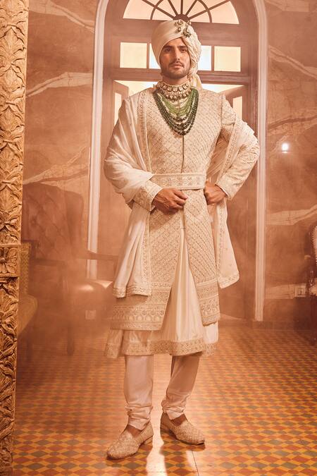 Shop_Asuka_Ivory Silk Cut Work, Diamonds, Sequins, Zari Zardozi Embroidered Sherwani Set _Online_at_Aza_Fashions