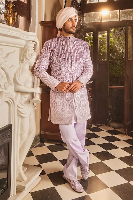 Asuka_Purple Silk, Cotton Cut Work, Embroidery, Beads Tonal Resham Sherwani Set _Online_at_Aza_Fashions