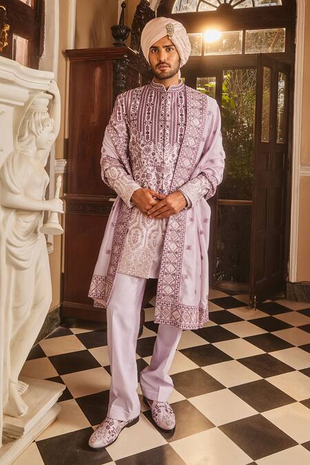 Buy_Asuka_Purple Silk, Cotton Cut Work, Embroidery, Beads Tonal Resham Sherwani Set _Online_at_Aza_Fashions