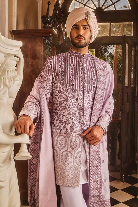 Shop_Asuka_Purple Silk, Cotton Cut Work, Embroidery, Beads Tonal Resham Sherwani Set _Online_at_Aza_Fashions