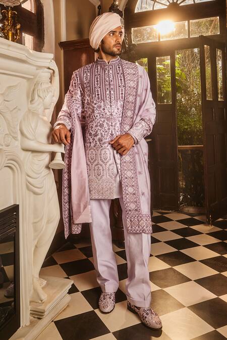 Asuka_Purple Silk, Cotton Cut Work, Embroidery, Beads Tonal Resham Sherwani Set _at_Aza_Fashions