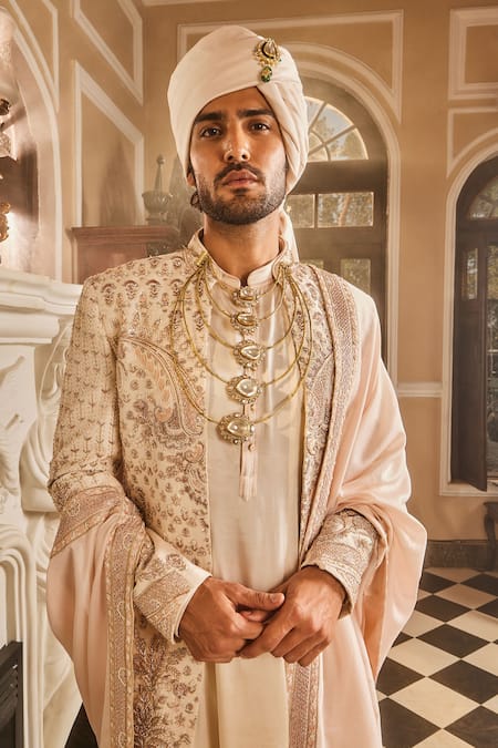Asuka_Ivory Silk Beads, Zari, Cut Work Hand Embroidered Sherwani Set _Online_at_Aza_Fashions