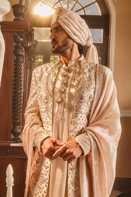 Buy_Asuka_Ivory Silk Beads, Zari, Cut Work Hand Embroidered Sherwani Set _Online_at_Aza_Fashions