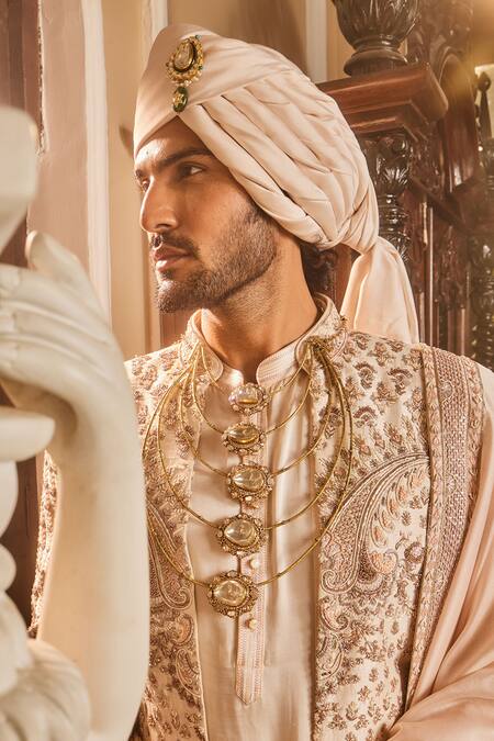 Shop_Asuka_Ivory Silk Beads, Zari, Cut Work Hand Embroidered Sherwani Set _Online_at_Aza_Fashions