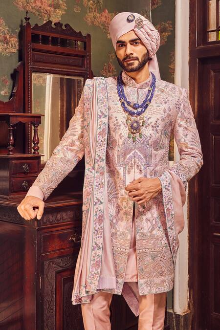 Asuka_Pink Cotton, Silk Cut Work, Embroidery, Sequins, Zari Sherwani And Kurta Set _Online_at_Aza_Fashions