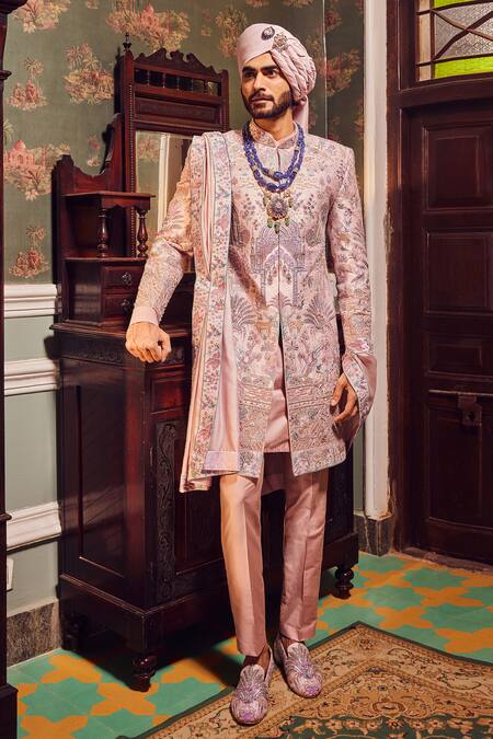 Buy_Asuka_Pink Cotton, Silk Cut Work, Embroidery, Sequins, Zari Sherwani And Kurta Set _Online_at_Aza_Fashions