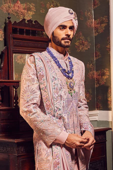Shop_Asuka_Pink Cotton, Silk Cut Work, Embroidery, Sequins, Zari Sherwani And Kurta Set _Online_at_Aza_Fashions