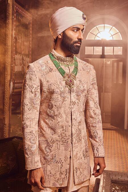 Asuka_Pink Velvet, Cotton, Silk Sequins, Zari, Cut Embroidered Bandhgala And Kurta Set _Online_at_Aza_Fashions