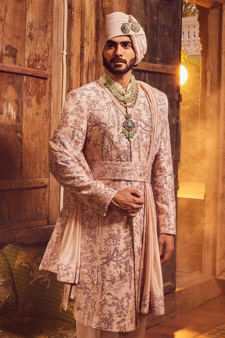 Asuka_Peach Cotton, Silk, Chanderi Embroidery, Sequins, Metallic Moti Sherwani Set _Online_at_Aza_Fashions