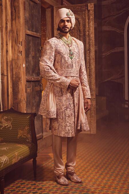 Buy_Asuka_Peach Cotton, Silk, Chanderi Embroidery, Sequins, Metallic Moti Sherwani Set _Online_at_Aza_Fashions