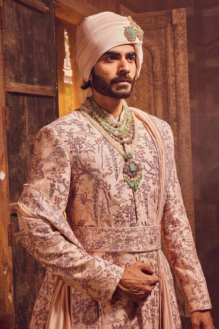 Shop_Asuka_Peach Cotton, Silk, Chanderi Embroidery, Sequins, Metallic Moti Sherwani Set _Online_at_Aza_Fashions