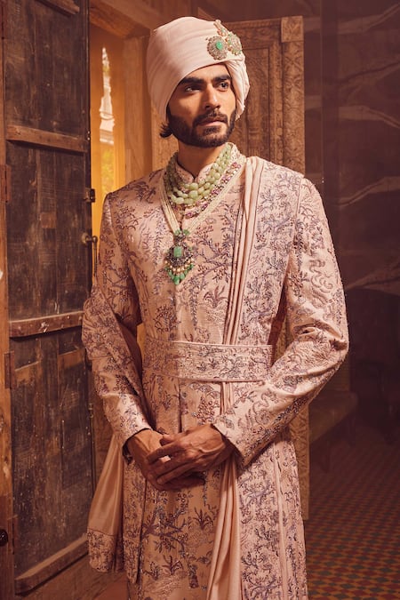 Buy_Asuka_Peach Cotton, Silk, Chanderi Embroidery, Sequins, Metallic Moti Sherwani Set 