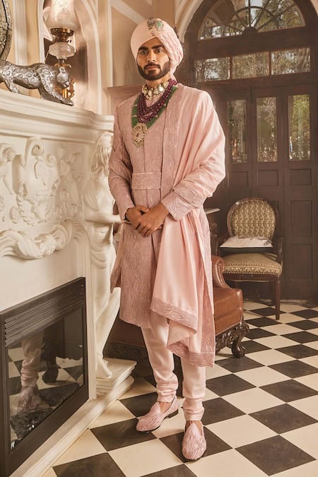 Asuka_Pink Crepe Zari, Cut Work, Embroidery, Beads Sherwani And Kurta Set _Online_at_Aza_Fashions