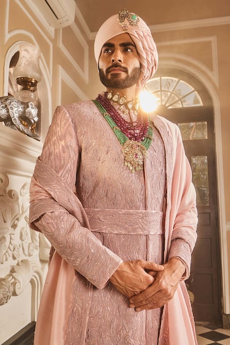 Buy_Asuka_Pink Crepe Zari, Cut Work, Embroidery, Beads Sherwani And Kurta Set _Online_at_Aza_Fashions