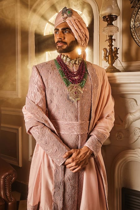 Shop_Asuka_Pink Crepe Zari, Cut Work, Embroidery, Beads Sherwani And Kurta Set _Online_at_Aza_Fashions